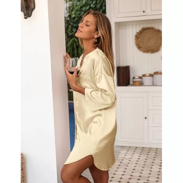 Ekouaer Satin Nightgowns for Women Silk Sleepwear Button Down Sleepshirt 34 Sleeve VNeck Nightshirts with PocketsKhaki