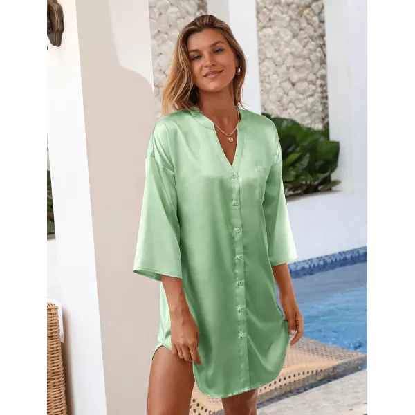 Ekouaer Satin Nightgowns for Women Silk Sleepwear Button Down Sleepshirt 34 Sleeve VNeck Nightshirts with PocketsLight Green