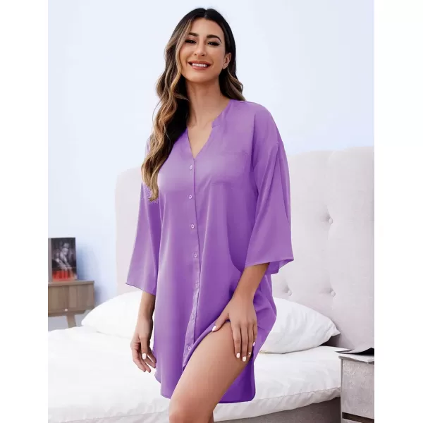 Ekouaer Satin Nightgowns for Women Silk Sleepwear Button Down Sleepshirt 34 Sleeve VNeck Nightshirts with PocketsLight Purple