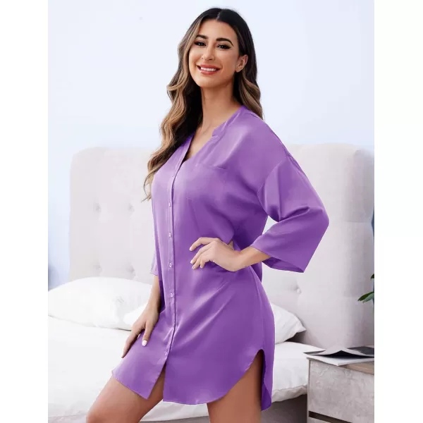 Ekouaer Satin Nightgowns for Women Silk Sleepwear Button Down Sleepshirt 34 Sleeve VNeck Nightshirts with PocketsLight Purple