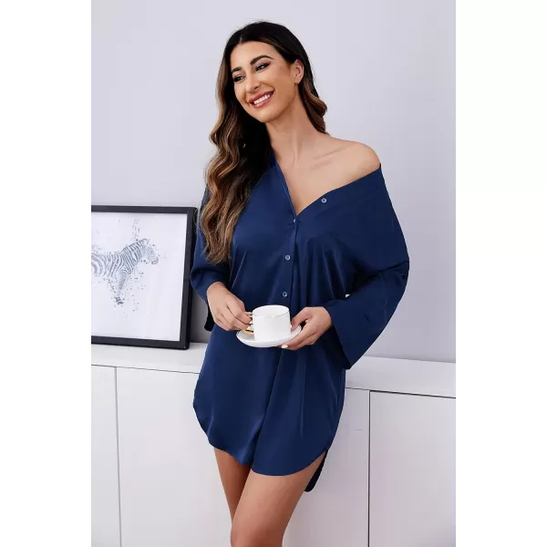 Ekouaer Satin Nightgowns for Women Silk Sleepwear Button Down Sleepshirt 34 Sleeve VNeck Nightshirts with PocketsNavy Blue