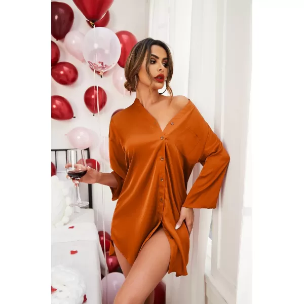 Ekouaer Satin Nightgowns for Women Silk Sleepwear Button Down Sleepshirt 34 Sleeve VNeck Nightshirts with PocketsOrange