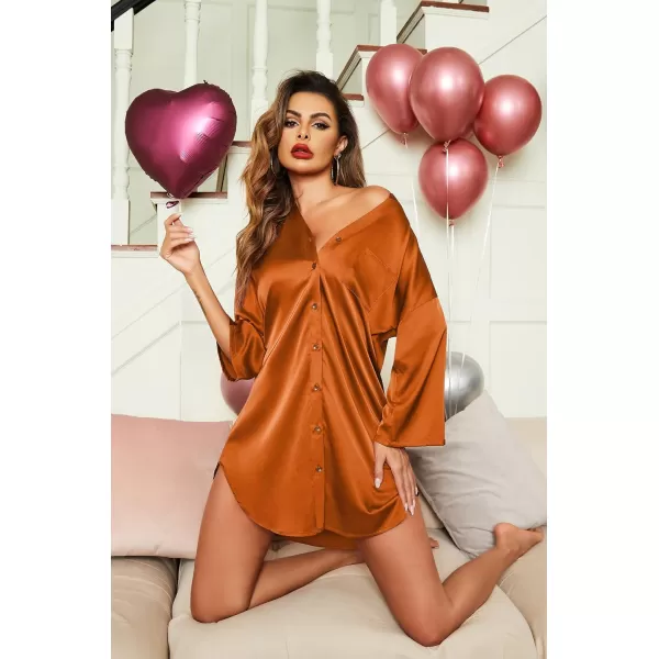 Ekouaer Satin Nightgowns for Women Silk Sleepwear Button Down Sleepshirt 34 Sleeve VNeck Nightshirts with PocketsOrange