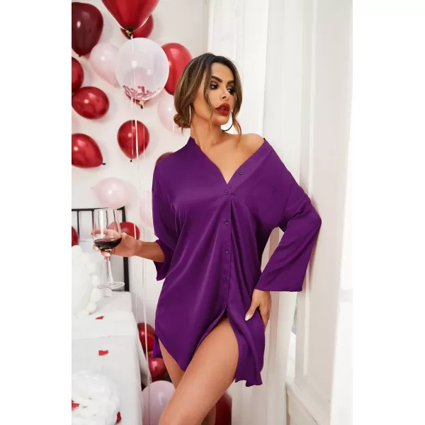 Ekouaer Satin Nightgowns for Women Silk Sleepwear Button Down Sleepshirt 34 Sleeve VNeck Nightshirts with PocketsPurple