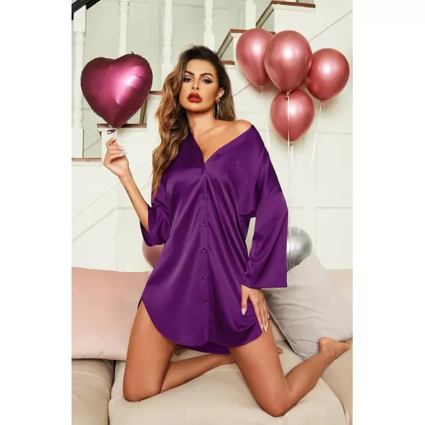 Ekouaer Satin Nightgowns for Women Silk Sleepwear Button Down Sleepshirt 34 Sleeve VNeck Nightshirts with PocketsPurple