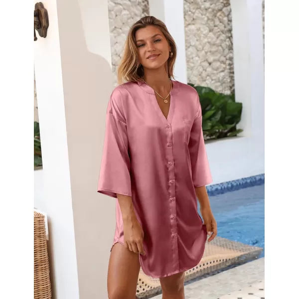 Ekouaer Satin Nightgowns for Women Silk Sleepwear Button Down Sleepshirt 34 Sleeve VNeck Nightshirts with PocketsPurple Red