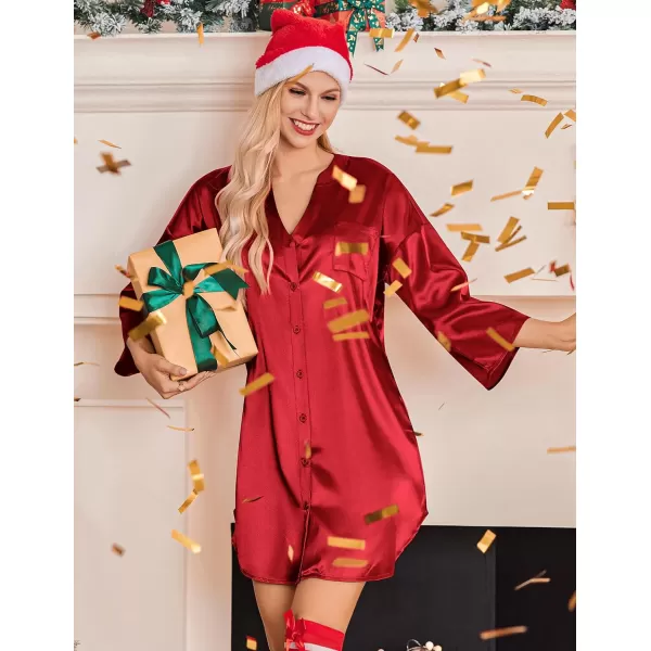 Ekouaer Satin Nightgowns for Women Silk Sleepwear Button Down Sleepshirt 34 Sleeve VNeck Nightshirts with PocketsRed