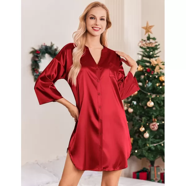 Ekouaer Satin Nightgowns for Women Silk Sleepwear Button Down Sleepshirt 34 Sleeve VNeck Nightshirts with PocketsRed