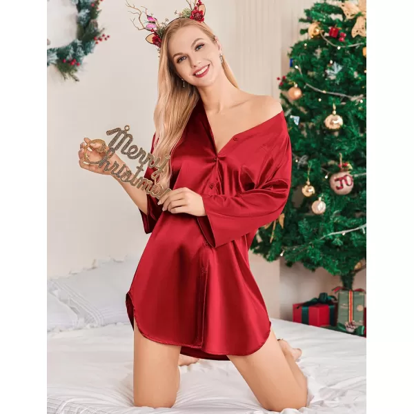 Ekouaer Satin Nightgowns for Women Silk Sleepwear Button Down Sleepshirt 34 Sleeve VNeck Nightshirts with PocketsRed