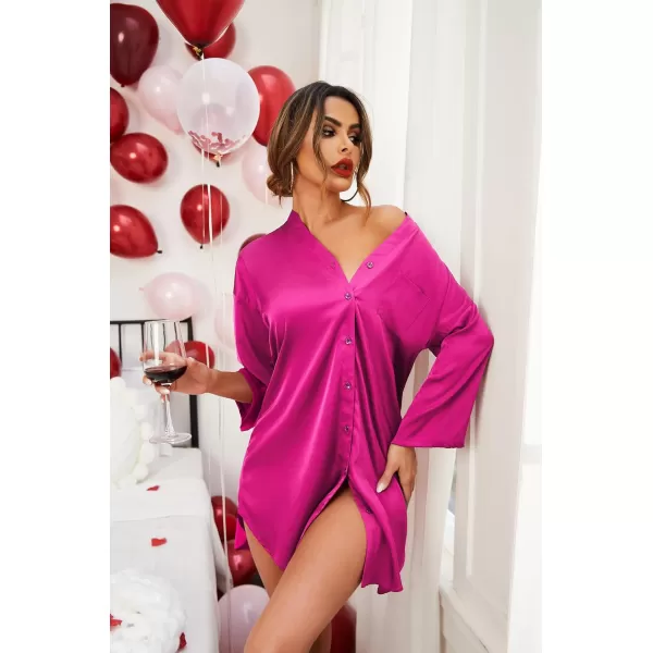 Ekouaer Satin Nightgowns for Women Silk Sleepwear Button Down Sleepshirt 34 Sleeve VNeck Nightshirts with PocketsRose Red