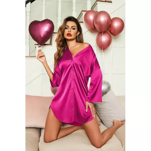 Ekouaer Satin Nightgowns for Women Silk Sleepwear Button Down Sleepshirt 34 Sleeve VNeck Nightshirts with PocketsRose Red