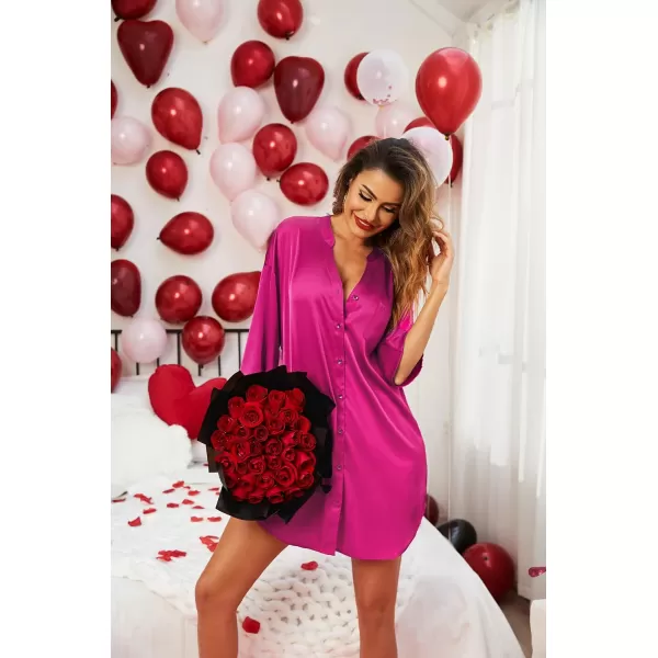 Ekouaer Satin Nightgowns for Women Silk Sleepwear Button Down Sleepshirt 34 Sleeve VNeck Nightshirts with PocketsRose Red