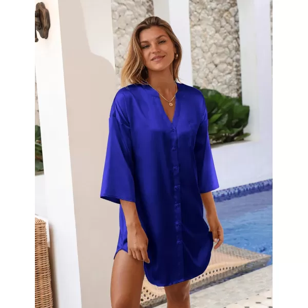 Ekouaer Satin Nightgowns for Women Silk Sleepwear Button Down Sleepshirt 34 Sleeve VNeck Nightshirts with PocketsSnorkel Blue