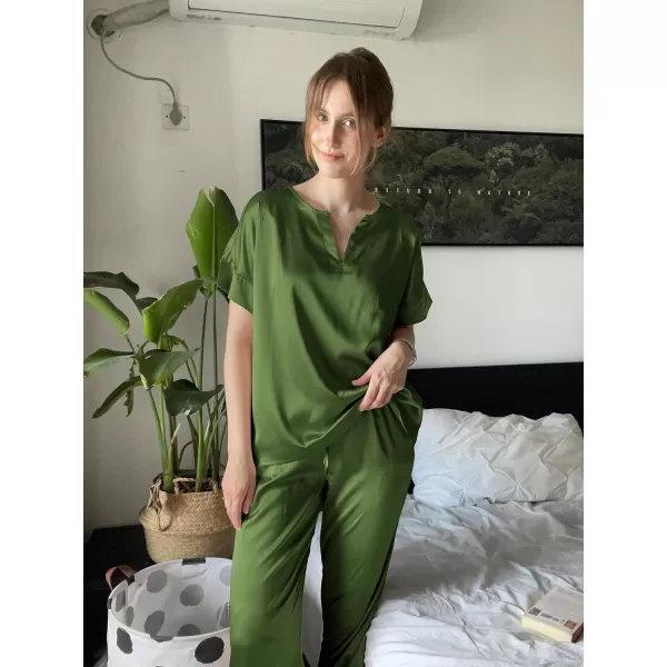 Ekouaer Satin Pajama Set Womens Silk Short Sleeve V Neck Shirt with Long Pant Soft Loungewear Pjs SetAarmy Green