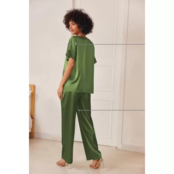 Ekouaer Satin Pajama Set Womens Silk Short Sleeve V Neck Shirt with Long Pant Soft Loungewear Pjs SetAarmy Green