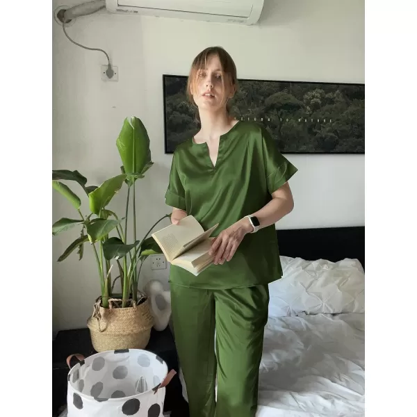 Ekouaer Satin Pajama Set Womens Silk Short Sleeve V Neck Shirt with Long Pant Soft Loungewear Pjs SetAarmy Green