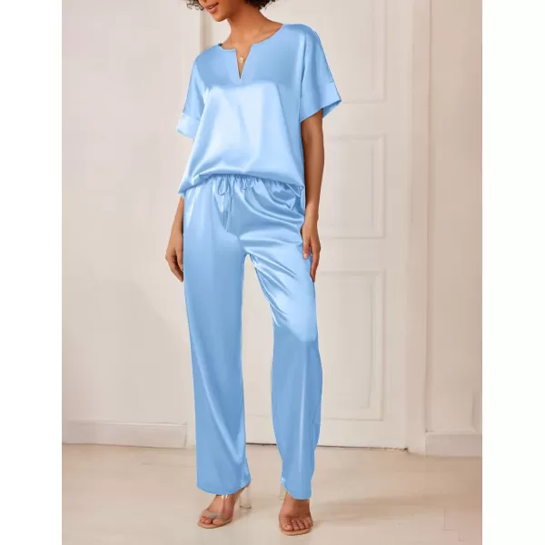 Ekouaer Satin Pajama Set Womens Silk Short Sleeve V Neck Shirt with Long Pant Soft Loungewear Pjs SetAblue