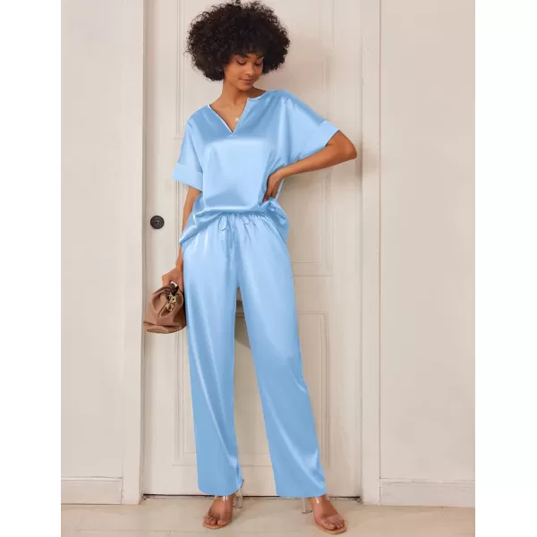 Ekouaer Satin Pajama Set Womens Silk Short Sleeve V Neck Shirt with Long Pant Soft Loungewear Pjs SetAblue