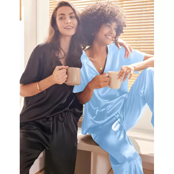 Ekouaer Satin Pajama Set Womens Silk Short Sleeve V Neck Shirt with Long Pant Soft Loungewear Pjs SetAblue