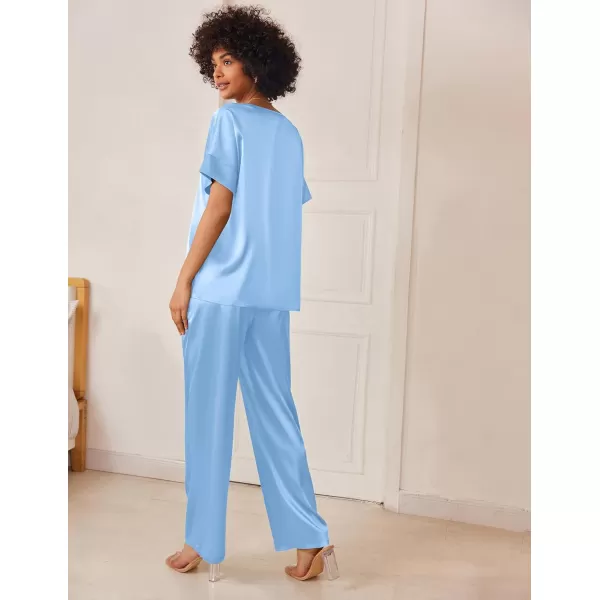 Ekouaer Satin Pajama Set Womens Silk Short Sleeve V Neck Shirt with Long Pant Soft Loungewear Pjs SetAblue