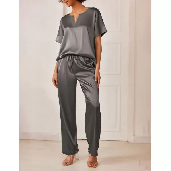 Ekouaer Satin Pajama Set Womens Silk Short Sleeve V Neck Shirt with Long Pant Soft Loungewear Pjs SetAdark Grey