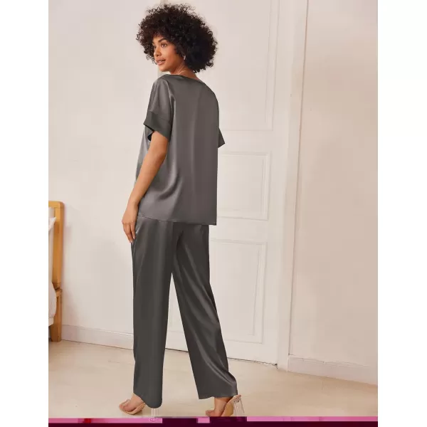 Ekouaer Satin Pajama Set Womens Silk Short Sleeve V Neck Shirt with Long Pant Soft Loungewear Pjs SetAdark Grey