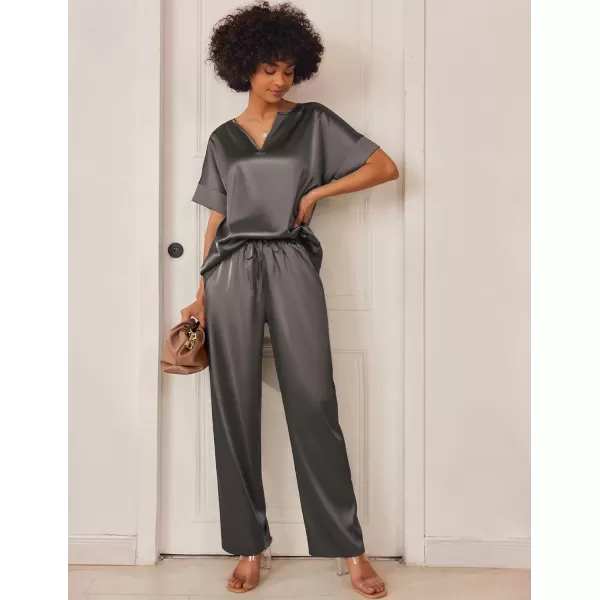 Ekouaer Satin Pajama Set Womens Silk Short Sleeve V Neck Shirt with Long Pant Soft Loungewear Pjs SetAdark Grey