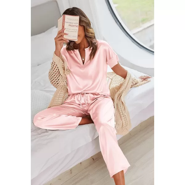 Ekouaer Satin Pajama Set Womens Silk Short Sleeve V Neck Shirt with Long Pant Soft Loungewear Pjs SetAlight Pink