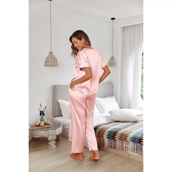 Ekouaer Satin Pajama Set Womens Silk Short Sleeve V Neck Shirt with Long Pant Soft Loungewear Pjs SetAlight Pink