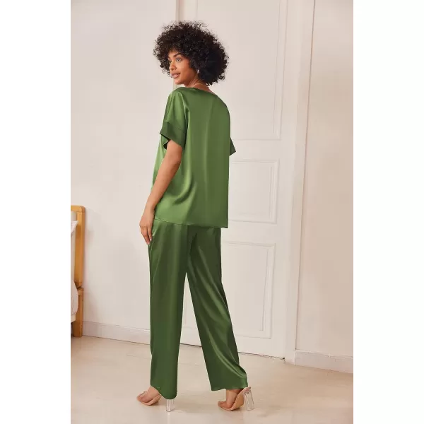 Ekouaer Satin Pajama Set Womens Silk Short Sleeve V Neck Shirt with Long Pant Soft Loungewear Pjs SetArmy Green