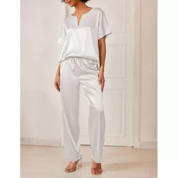 Ekouaer Satin Pajama Set Womens Silk Short Sleeve V Neck Shirt with Long Pant Soft Loungewear Pjs SetAwhite