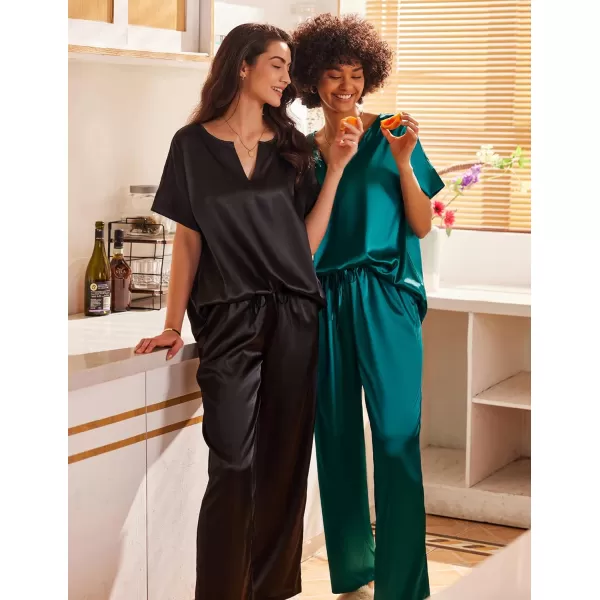 Ekouaer Satin Pajama Set Womens Silk Short Sleeve V Neck Shirt with Long Pant Soft Loungewear Pjs SetBlack