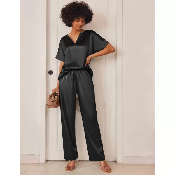 Ekouaer Satin Pajama Set Womens Silk Short Sleeve V Neck Shirt with Long Pant Soft Loungewear Pjs SetBlack