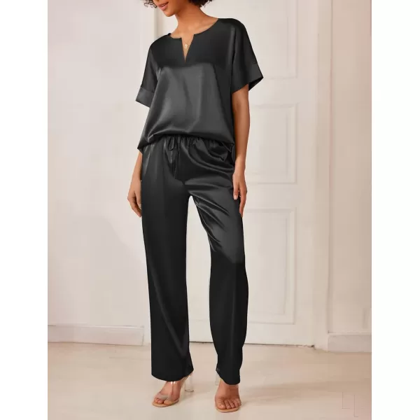 Ekouaer Satin Pajama Set Womens Silk Short Sleeve V Neck Shirt with Long Pant Soft Loungewear Pjs SetBlack