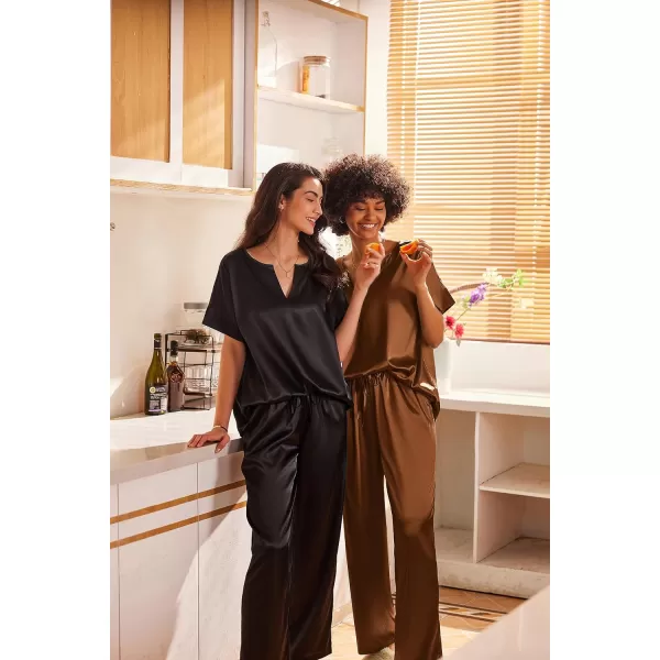 Ekouaer Satin Pajama Set Womens Silk Short Sleeve V Neck Shirt with Long Pant Soft Loungewear Pjs SetBrown