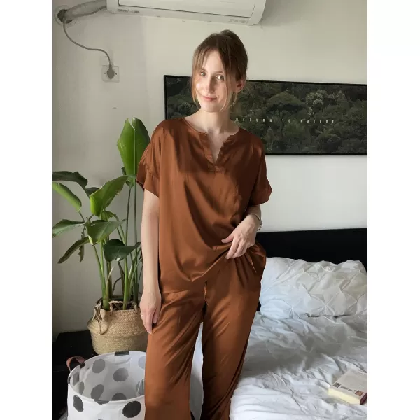 Ekouaer Satin Pajama Set Womens Silk Short Sleeve V Neck Shirt with Long Pant Soft Loungewear Pjs SetBrown