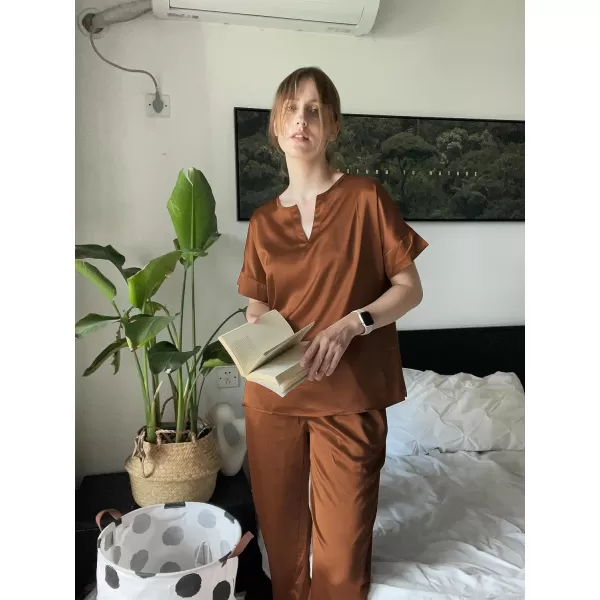 Ekouaer Satin Pajama Set Womens Silk Short Sleeve V Neck Shirt with Long Pant Soft Loungewear Pjs SetBrown