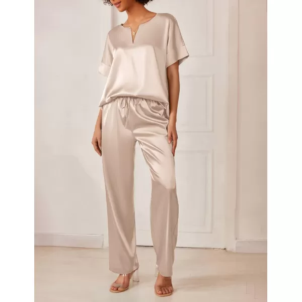 Ekouaer Satin Pajama Set Womens Silk Short Sleeve V Neck Shirt with Long Pant Soft Loungewear Pjs SetChampagne