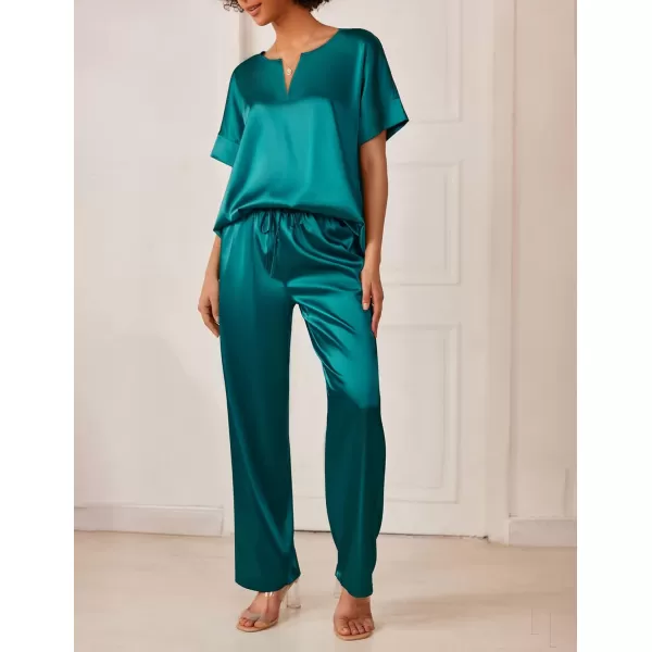 Ekouaer Satin Pajama Set Womens Silk Short Sleeve V Neck Shirt with Long Pant Soft Loungewear Pjs SetGreen