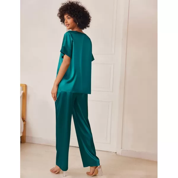 Ekouaer Satin Pajama Set Womens Silk Short Sleeve V Neck Shirt with Long Pant Soft Loungewear Pjs SetGreen