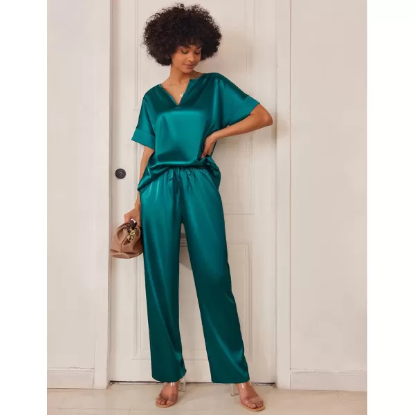 Ekouaer Satin Pajama Set Womens Silk Short Sleeve V Neck Shirt with Long Pant Soft Loungewear Pjs SetGreen