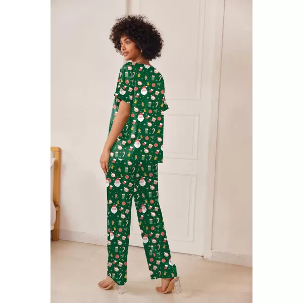 Ekouaer Satin Pajama Set Womens Silk Short Sleeve V Neck Shirt with Long Pant Soft Loungewear Pjs SetGreen Christmas