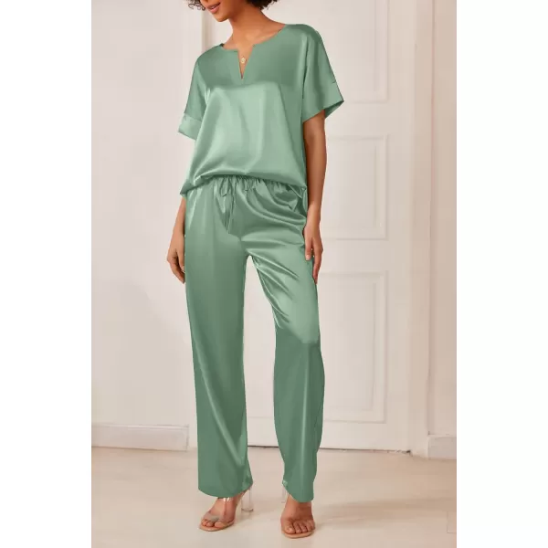 Ekouaer Satin Pajama Set Womens Silk Short Sleeve V Neck Shirt with Long Pant Soft Loungewear Pjs SetIce Green