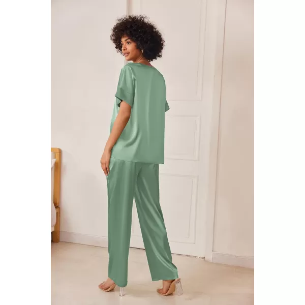 Ekouaer Satin Pajama Set Womens Silk Short Sleeve V Neck Shirt with Long Pant Soft Loungewear Pjs SetIce Green