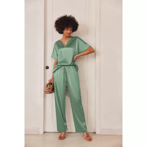 Ekouaer Satin Pajama Set Womens Silk Short Sleeve V Neck Shirt with Long Pant Soft Loungewear Pjs SetIce Green