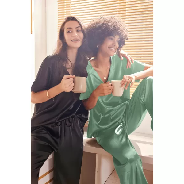 Ekouaer Satin Pajama Set Womens Silk Short Sleeve V Neck Shirt with Long Pant Soft Loungewear Pjs SetIce Green