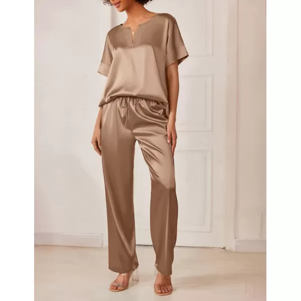 Ekouaer Satin Pajama Set Womens Silk Short Sleeve V Neck Shirt with Long Pant Soft Loungewear Pjs SetKhaki