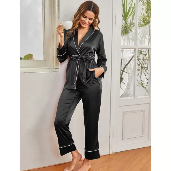 Ekouaer Satin Pajama Set Womens Silk Short Sleeve V Neck Shirt with Long Pant Soft Loungewear Pjs SetLong Sleeveblack