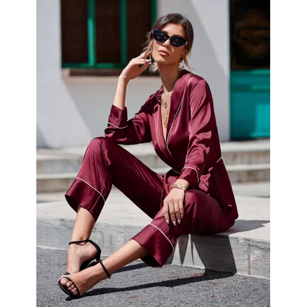 Ekouaer Satin Pajama Set Womens Silk Short Sleeve V Neck Shirt with Long Pant Soft Loungewear Pjs SetLong Sleevewine Red