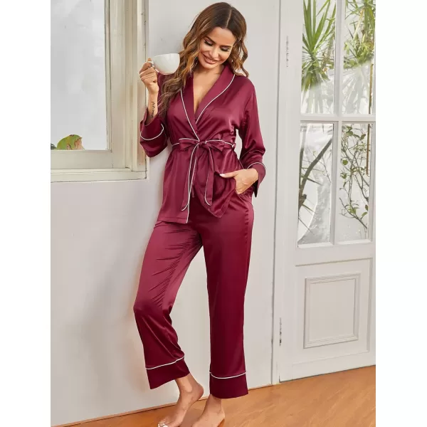 Ekouaer Satin Pajama Set Womens Silk Short Sleeve V Neck Shirt with Long Pant Soft Loungewear Pjs SetLong Sleevewine Red